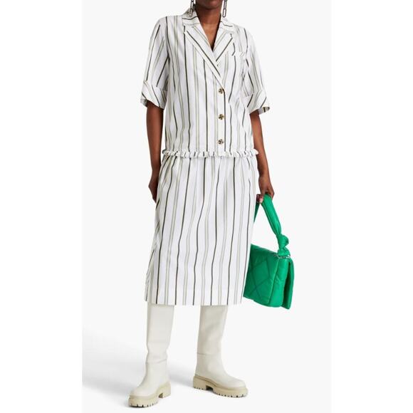 Ganni NWT Gathered Striped Cotton Poplin Midi Shirt Dress Striped Size Medium - Picture 1 of 13